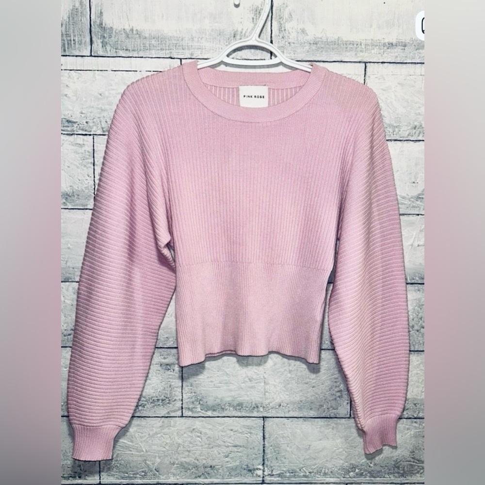 Pink Rose Sweater Crew Neck Ribbed Knit Cropped Balloon Sleeve Soft Pink XS